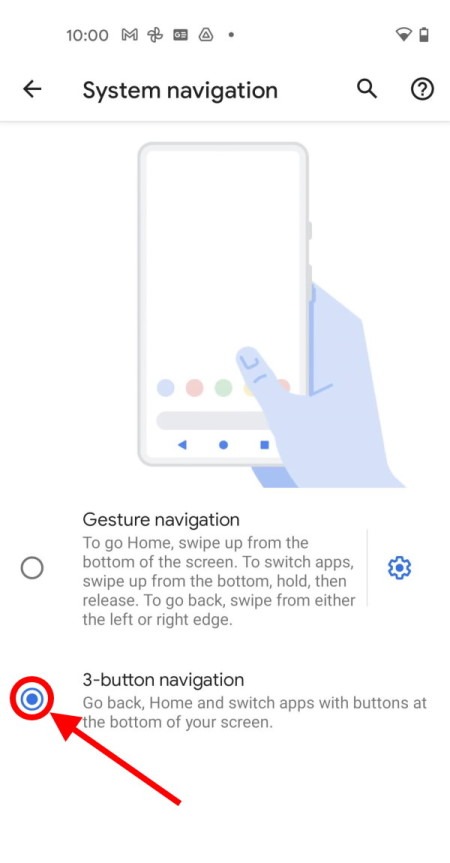 Tap the button to select 3-button navigation or Gesture navigation